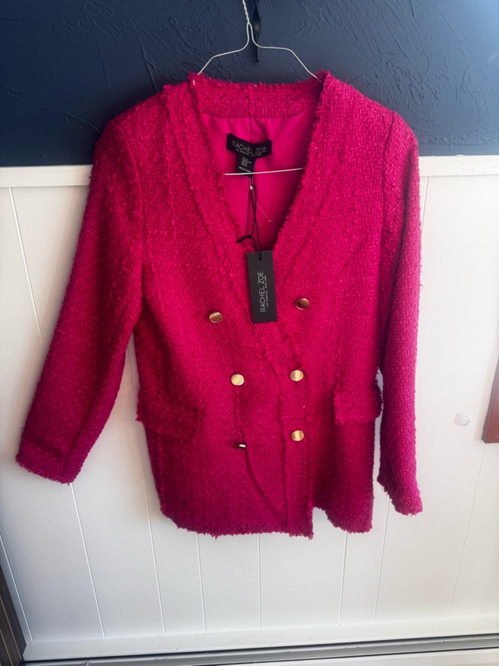 Rachel Zoe Hot Pink Bouclé Double-Breasted Jacket with Gold Buttons